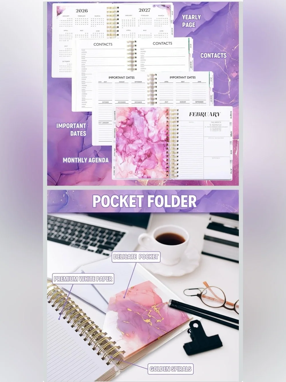 Purple Marble 2026-2027 Planner with Gold Accents